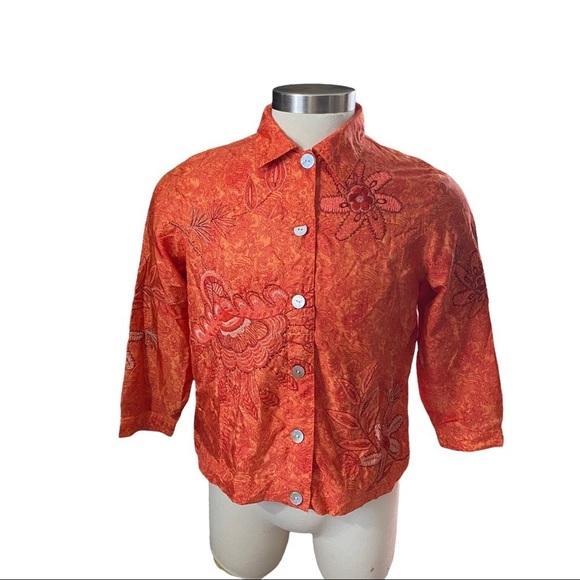 Laura Ashley Burnt Orange 100% Silk Floral Embroidered Collared Blouse Jacket PL - Picture 1 of 11